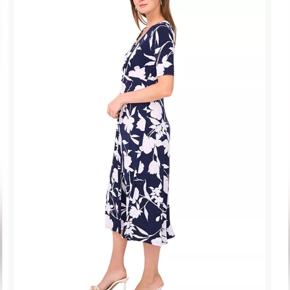 MSK Twist Front Navy Blue Floral V-Neck Midi Dress Sz Med NWT - Picture 5 of 11
